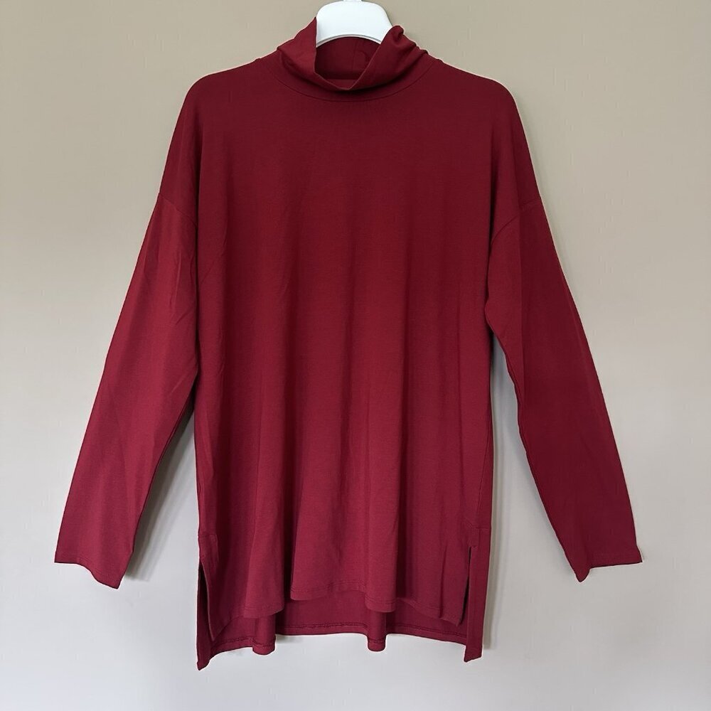 J Jill Women L Burgundy Turtleneck Tunic Stretchy Top Luxe Supima Minimalist